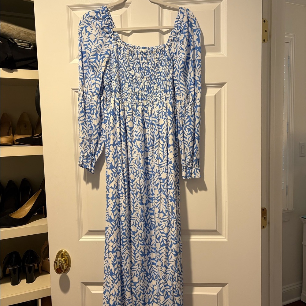Sail to Sable Blue and White Smocked Sundress with Bishop Sleeves